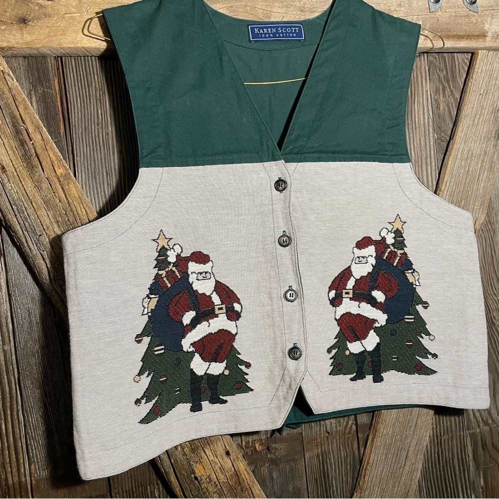 Vintage Karen Scott Santa Christmas Tree Vest sz Large EUC Holiday Embroidered